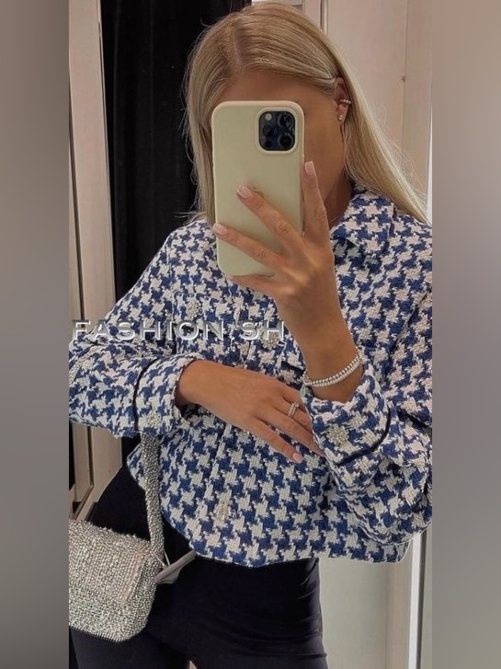 Zara Royal Blue White Houndstooth Textured Tweed Cropped Blazer Jacket S